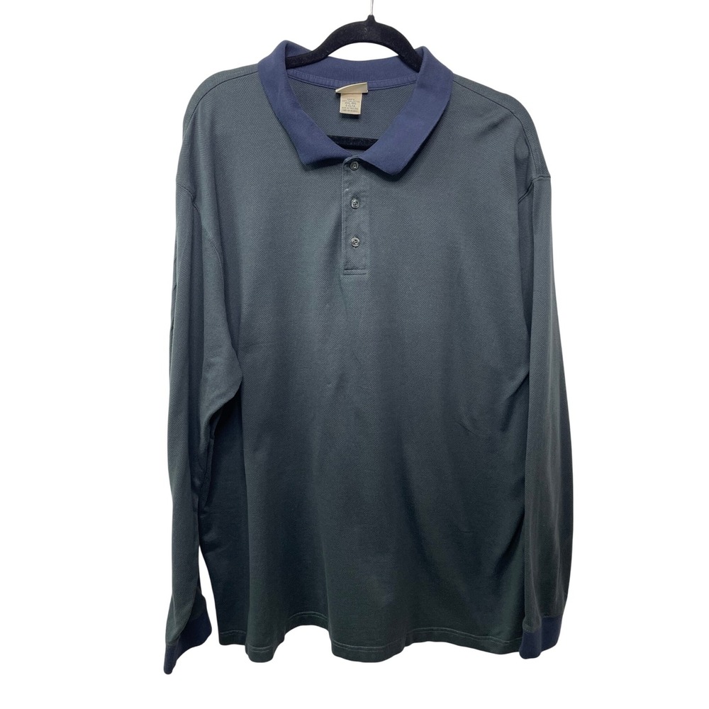 LL‎ Bean Men's XXL Pima Cotton Long Sleeve Polo Shirt Herringbone Blue Green Dad
